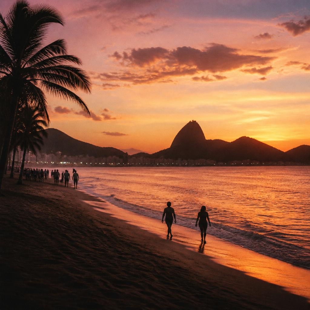 Copacabana beach at sunset with Sugarloaf mountain